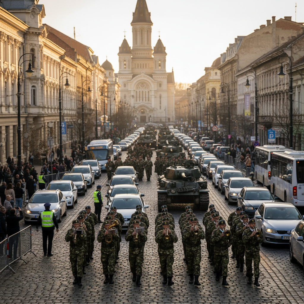 Trafic blocat o oră vineri în centrul Timișoarei din cauza repetițiilor pentru parada de 1 Decembrie